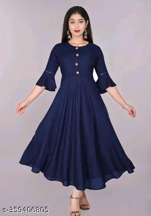 Rayon navy blue flared bell sleeves kurti, hand washable, casual and formal occasion wear, perfect fit with 48" length and three-quarter sleeves
