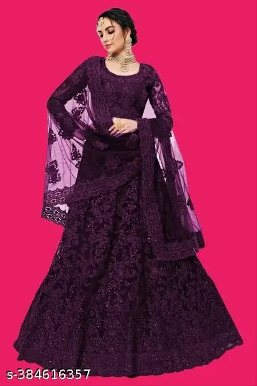 Embroidered net lehenga choli and dupatta set, semi-stitched with 42 inch waist and length. Indian hand embroidery on display