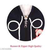 Blue hoodie with white stitching, zip closure