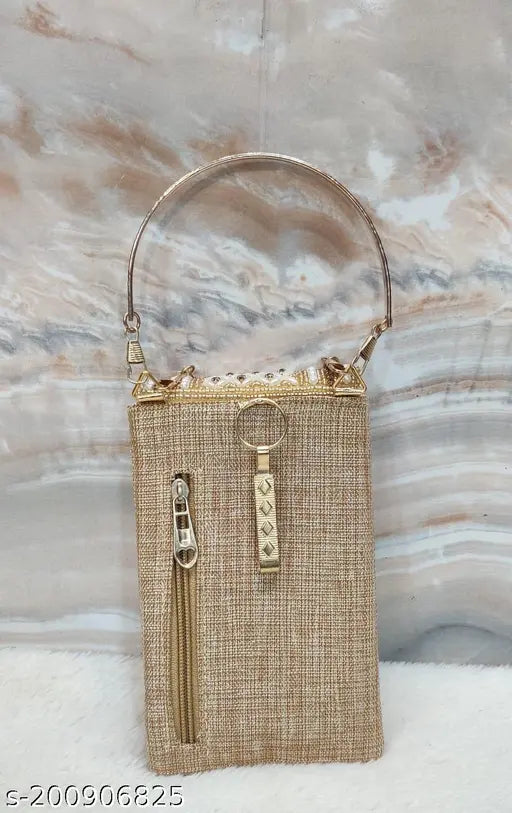 Brown woven handheld purse with handle, chainclip closure