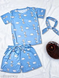 Giraffe print silk pajama set (T-shirt, shorts): soft, shiny, luxury sleepwear with drawstring waistband