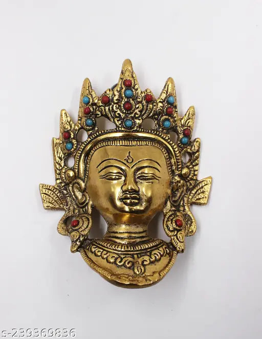 Metal Tibetan Lady Face Buddha mask for serenity, peace, & Vastu/Feng Shui home decor (3cm x 10cm x 7cm)