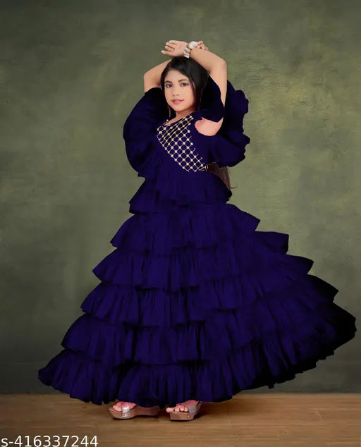 Short-sleeved printed net kids anarkali gown by STER70, ideal for young girls festivals or events, size range 5-16 years