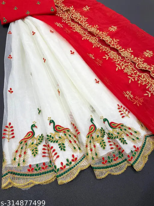 Heavy net fabric embroidery work Lahenga with heavy Bangalore silk blouse and net fabric dupatta - Indian semi-stitched embroidered duo for festive occasions, featuring multi-thread and cutwork broderie in both pieces. (125 characters)