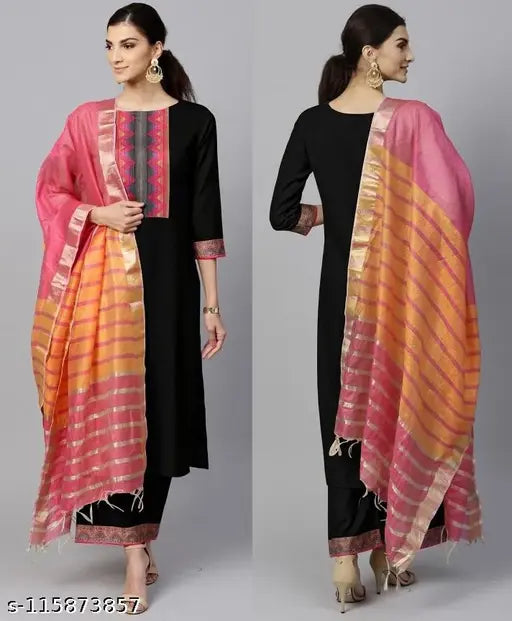 Black cotton blend kurta set with palazzos and dupatta, three-quarter sleeves, solid pattern on display