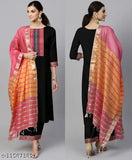 Black cotton blend kurta set with palazzos and dupatta, three-quarter sleeves, solid pattern on display