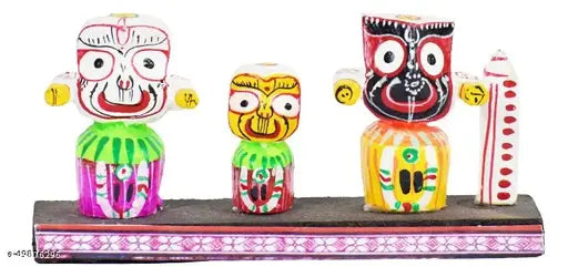 Ceramic Krishna Idol Set: Real Craft Lord Jagannath, Subhadra, Balabhadra with Sudarshan Chakra for home decor or car dashboards (3cm L x 6cm H x 13cm B)