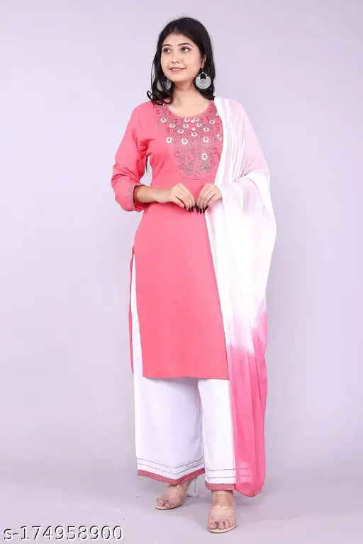 Rayon embroidered kurta set with palazzos and dupatta, featuring three-quarter sleeves and chiffon fabric. Indian ethnic wear in sizes S to XXL