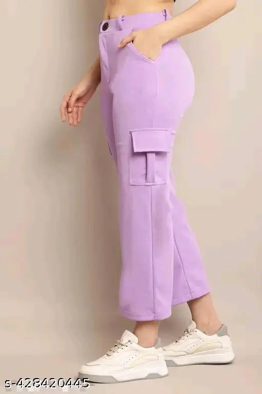Purple cargo pants with pockets, high waist
