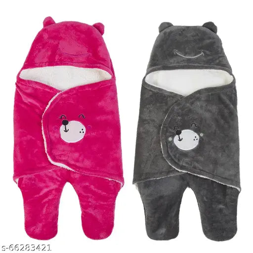Microfiber hooded baby blanket combo pack, soft and warm Naman cartoon print for mild winter, 2 sets each measuring 68cm x 1.5cm x 68cm (LxHxW) made in India