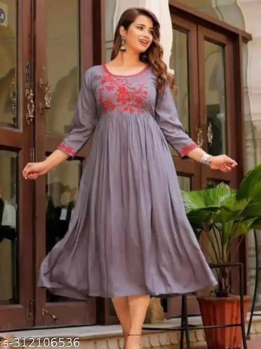 Mint gray long-sleeve dress with red embroidery details