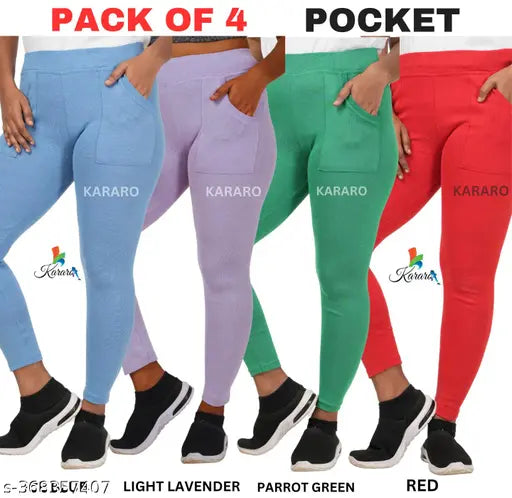 Stylish cotton blend jeggings pack of 4, solid color, hoseiyar cotton waste recycled. Women's low-price segment jeggings with sizes ranging from 26 to free size, ideal for a comfortable fit and trendy style. Made in India