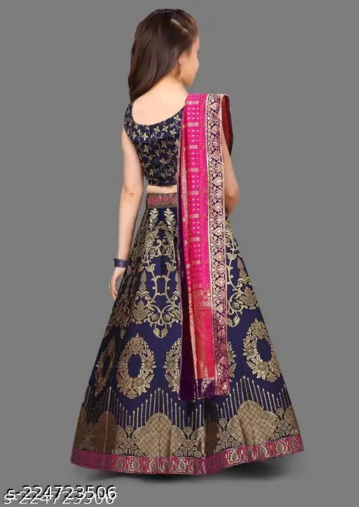 Handcrafted Banarasi Silk Lehenga Choli Set for girls, intricately woven with zari stitch and semi-stitched net, available in sizes 6-12 years