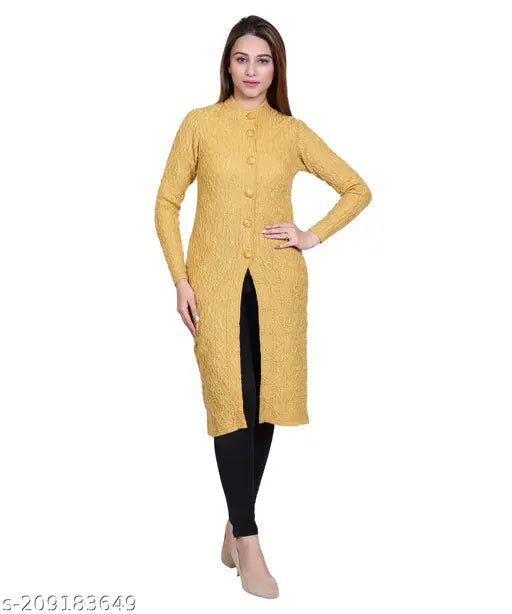 Acrylic wool long cardigan with side pockets for women, printed pattern in winter wear by Dart Line (India)