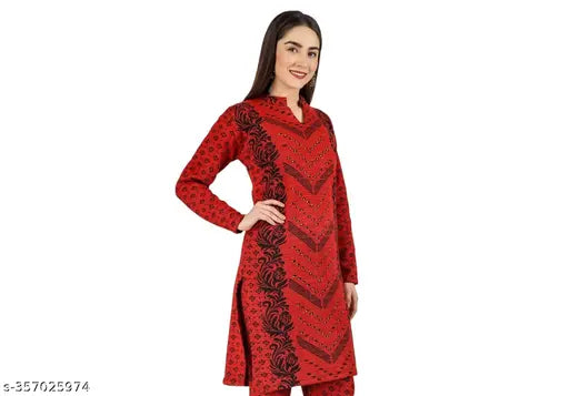 Vibrant red and black patterned women's long sleeved kurta, printed woolen material, V-neck design, mid length