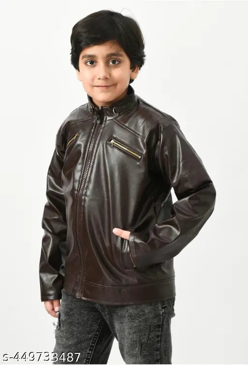 Dark brown leather biker jacket with zip closure and patch pockets