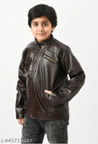 Dark brown leather biker jacket with zip closure and patch pockets