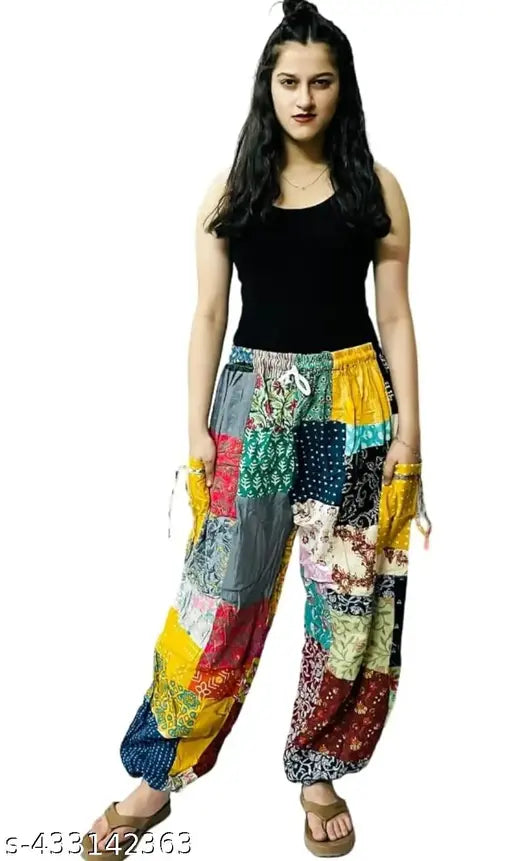 Multicolor, cotton or linen, elastic waist, patch-work design, wide legs, harem pants