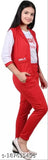 A girl wearing a red three-piece dress set, consisting of a printed white t-shirt with cut sleeves, a red jacket, and red pants, all made of cotton blend material. The outfit is displayed against a white background