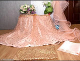 Orange sequence velvet lehenga choli with embellished net dupatta, floral print topwear on model