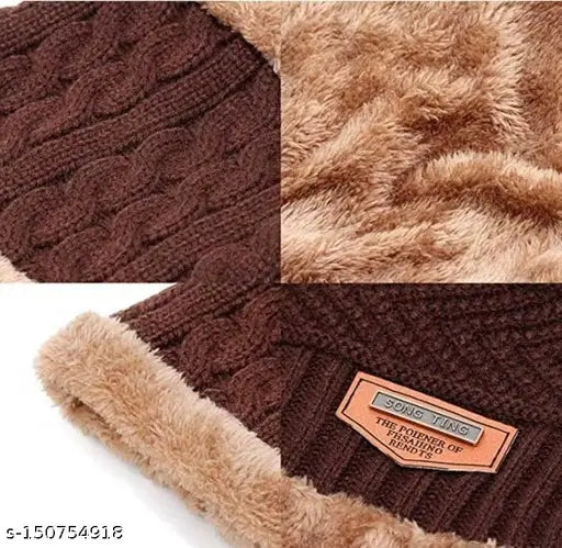Trendy brown acrylic beanie & scarf set, fur-lined men's winter wear for stylish comfort