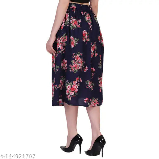 Multi-color printed crepe polyester skirt, elasticated belt, calf length, size 26-34 inches for women