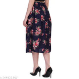 Multi-color printed crepe polyester skirt, elasticated belt, calf length, size 26-34 inches for women