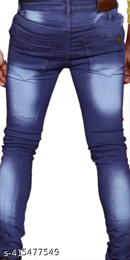 Glamorous cotton blend men's blue denim jeans with ruff look, free delivery