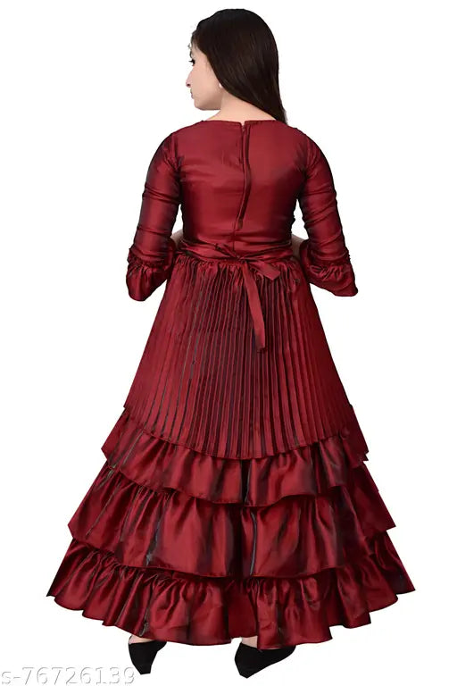 Maroon silk frock dress for girls, embellished net pattern, 3/4 sleeves. Quality clothing for comfort and style #GownDressesForGirls