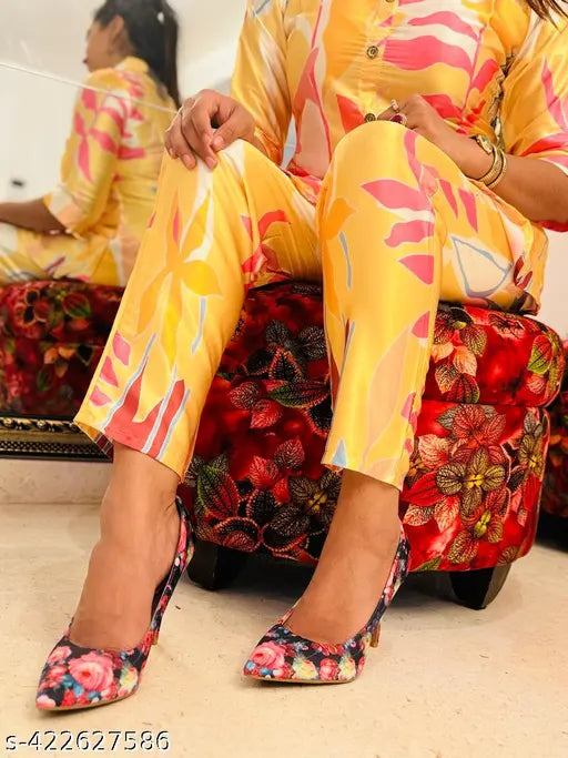 Pristino yellow satin floral print 2-piece loungewear set for women, long sleeves, trendy co-ord clothing on display