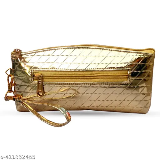 Yellow fabric clutch bag, gold zip closure, designed for evening wear, suitable for parties and events