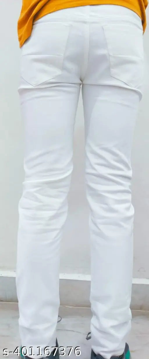 Men's white denim jeans, solid pattern, 28", 30", or 32" waist and 39" length, Indian origin