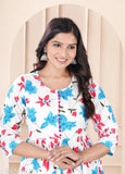 Red printed anarkali kurta in rayon fabric, three-quarter sleeves, vibrant colorway for women's fashion, India origin