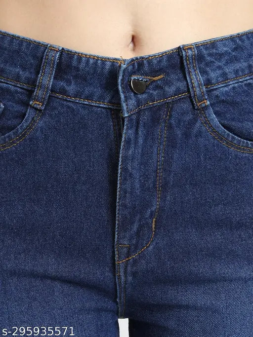 Ladies straight fit blue jeans with hems, 100% cotton fabric