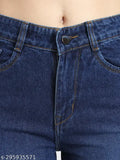 Ladies straight fit blue jeans with hems, 100% cotton fabric