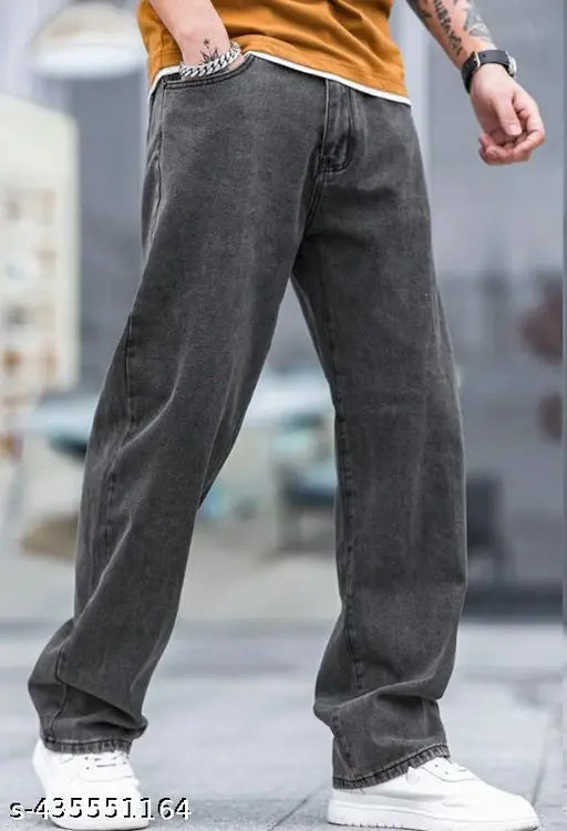 Cotton blend, mid-rise baggy fit jeans for men - faded, distressed, stretchable denim, self-designed diagonal pocket, size 30 (waist 31", length 41", hip 39") or size 32 (waist 33", length 41", hip 41"), origin India