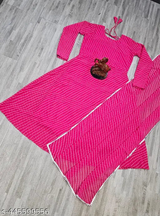 Pink Georgette Maxi Dress with Dupatta and Bottom - Indian printed fashion for women