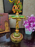 Multicolor peacock metal handicraft showpiece, vibrant decor for home, Indian artistry on display stand (10cm x 21cm x 10cm)