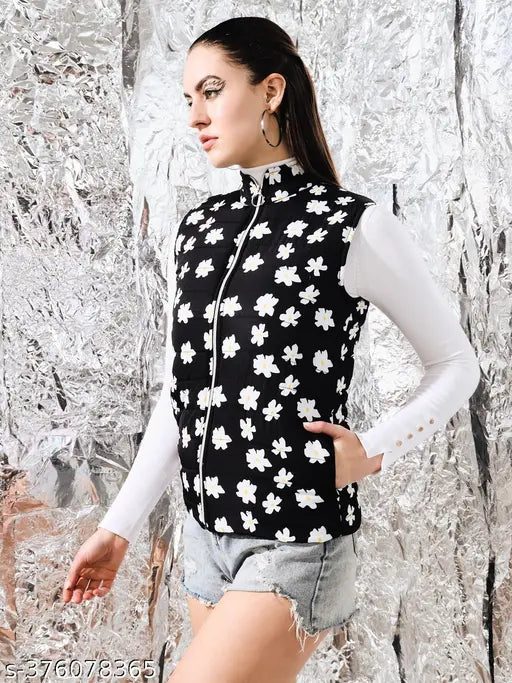 Trendy women's sleeveless winter jacket in printed net fabric, available in sizes S (34in bust, 25in length) and M (36in bust, 25in length). Made in India