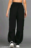 Black polyester women's jogger pants, high rise with straight fit and slanted side pockets, relaxed style for casual or formal wear