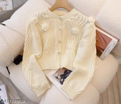Imported winter soft white woolen crochetia flower embroidered net cropped cardigan sweater, stay warm and chic this season