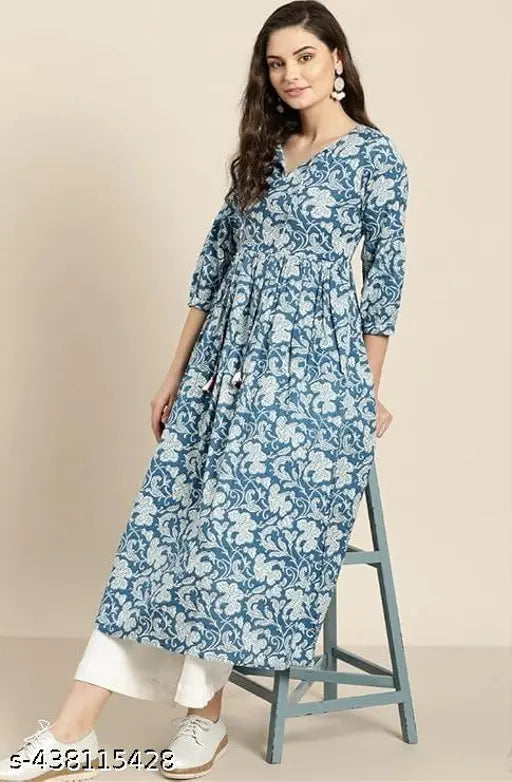 Printed Rayon Anarkali Kurti, three-quarter sleeves, vibrant Indian fashion on mannequin
