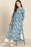Printed Rayon Anarkali Kurti, three-quarter sleeves, vibrant Indian fashion on mannequin