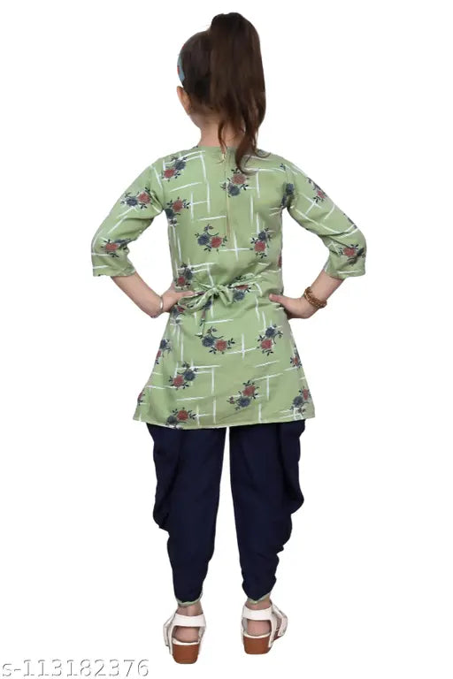 Green checked Patiala Salwar Suit for girls, cotton silk Anarkali design by Hariyal Creation - Kids party/festive wear