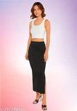 Polyester blend high waist elastic band skirt with side slit for women