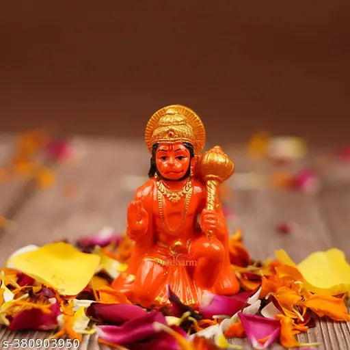 Orange Hanuman Ji hand-painted religious idol for success, home decoration & gifting. Quality polyresin material with intricate details, suitable for pooja room or living space. Ideal for anniversaries, weddings, or special occasions as a gift for friends, family, or parents. Made in India