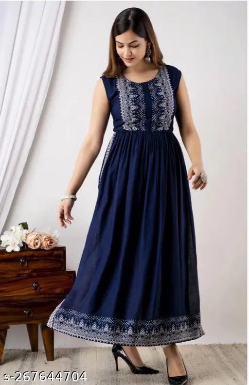 Rayon printed blue straight Nayra cut kurti for women/girls - solid combo, sleeveless, India-made fashion wear