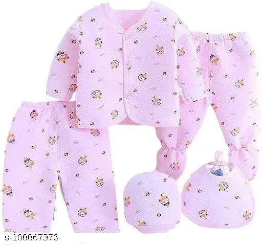 Two Together presents newborn baby summer wear, 100% cotton 5pc sets. Unisex baby clothes with long sleeves and printed patterns for 0 to 3 months, includes matching cap. Indian origin