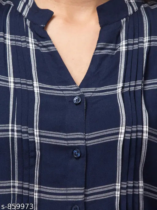 Blue checkered rayon tunic with mandarin collar, V-neck, and button front - ideal for casual wear, XS-XXXL