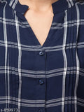 Blue checkered rayon tunic with mandarin collar, V-neck, and button front - ideal for casual wear, XS-XXXL